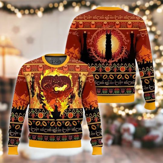 Discover Fire Demon Tower Ugly Christmas Sweater, Fantasy Movie Monster Xmas Sweatshirt, Orange Dark Lord Holiday Crewneck Gift
