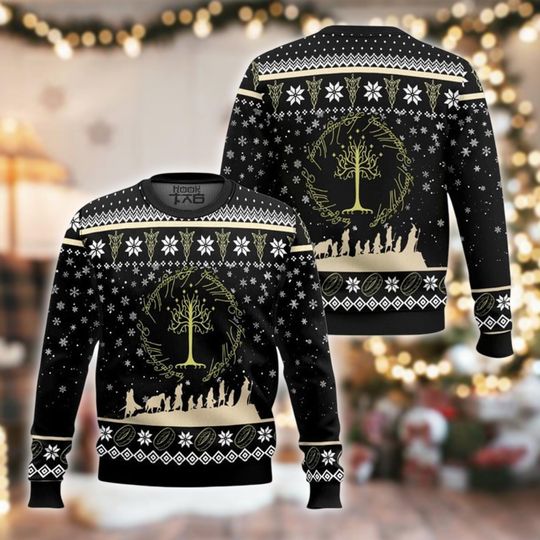 White Tree Of Life Ugly Christmas Sweater, Fantasy Adventure Movie Xmas Sweatshirt, Fellowship Journey Holiday Crewneck Gift
