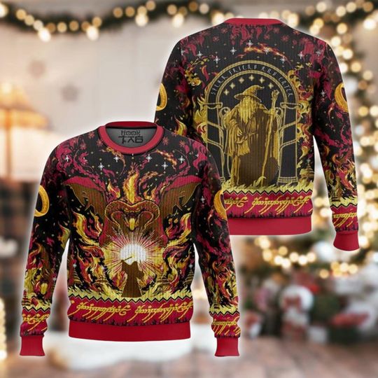 Discover You Shall Not Pass Ugly Christmas Sweater, Fire Demon Wizard Movie Xmas Sweatshirt, Fantasy Battle Holiday Crewneck Gift