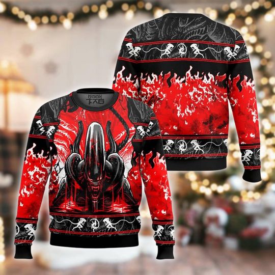 Discover Horror Movie Monster Ugly Christmas Sweater, Space Alien Xmas Sweatshirt, Black and Red Sci-Fi Holiday Crewneck Gift