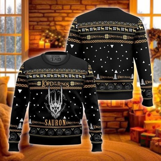Dark Fantasy Skull Ugly Christmas Sweater, Evil Lord Movie Xmas Sweatshirt, Black and Gold Middle Earth Inspired Holiday Crewneck