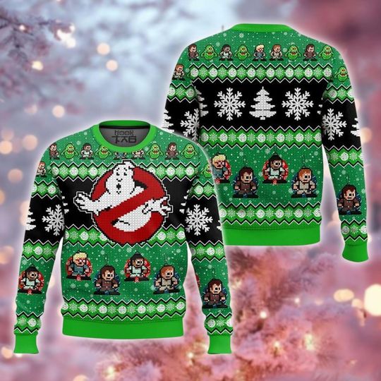 Funny Pixel Ghost Hunting Ugly Sweater, Retro Video Game Movie Xmas Sweatshirt, Green Paranormal Holiday Crewneck Gift
