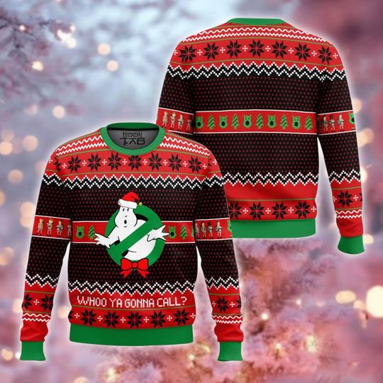 Discover Funny "Who Ya Gonna Call?" Christmas Sweater, Spooky Ghost Holiday Sweatshirt, Red and Black Paranormal Movie Xmas Crewneck