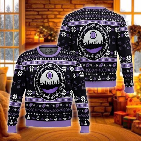 Discover Fantasy Movie Ring Eye Ugly Christmas Sweater, One Ring Holiday Sweatshirt, Purple Middle Earth Inspired Xmas Crewneck Gift