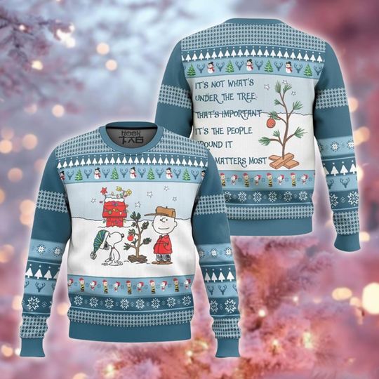 Discover Christmas Tree Quote Ugly Sweater, "People Around It" Holiday Sweatshirt, Funny Cartoon Friendship Xmas Crewneck, Cute Dog Lover Gift