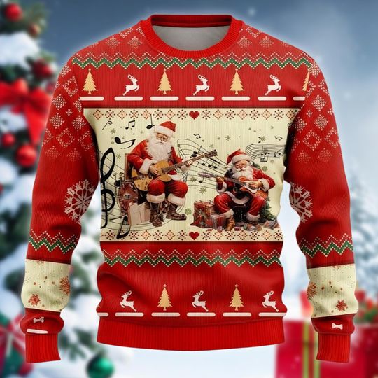 Discover Santa Claus Playing Guitar Ugly Christmas Sweater, Funny Music Xmas Crewneck, Holiday Gift for Musician, Party Outfit