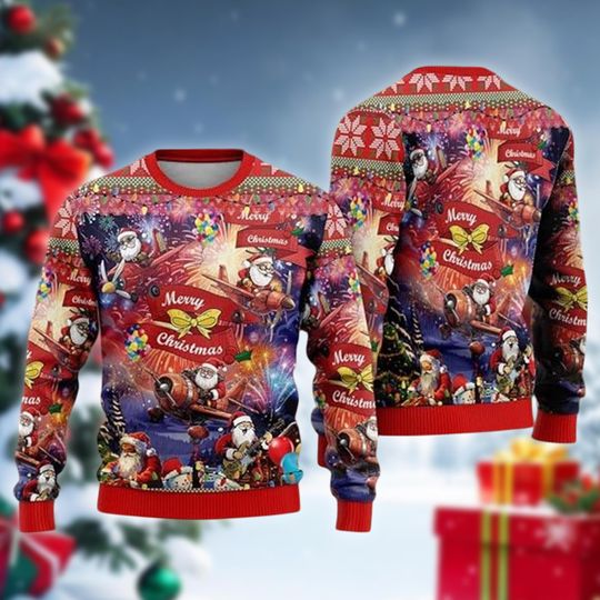 Discover Santa Flying Airplane Ugly Christmas Sweater, Merry Xmas Pilot Sweatshirt, Firework Holiday Gift for Aviator, Crewneck Outfit