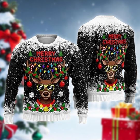 Discover Cool Reindeer Sunglasses Ugly Christmas Sweater, Merry Xmas Light Up Deer Sweatshirt, Funny Holiday Party Gift, Crewneck