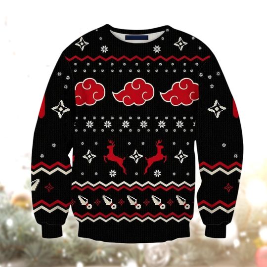 Discover Funny Ninja Christmas Sweater, Red Cloud Holiday Jumper, Geeky Anime Style Xmas Pullover, Cool Gift for Anime Fans