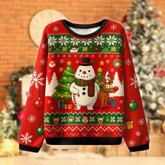 Discover Cute Snowman Christmas Sweater, Red Holiday Sweatshirt with Reindeer, Festive Xmas Party Outfit, Cozy Winter Gift for Family