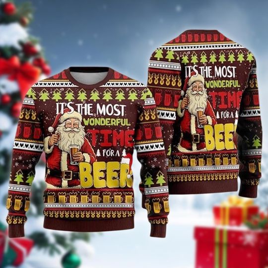 Wonderful Time For A Beer Sweater, Funny Drinking Santa Ugly Christmas Sweatshirt, Xmas Party Gift for Dad, Brew Crewneck