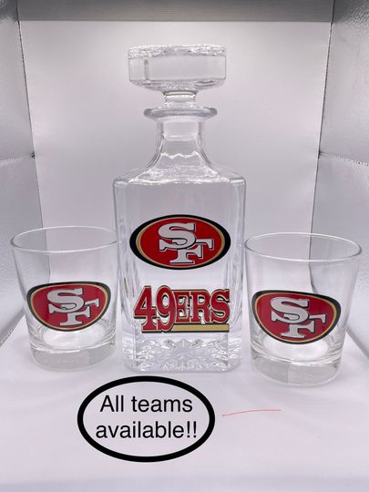Discover Personalized 49ers Whiskey Set, San Francisco Barware for Man Cave, Whiskey Decanter Set, Football Gift, Rock Glass, Gifts for Men