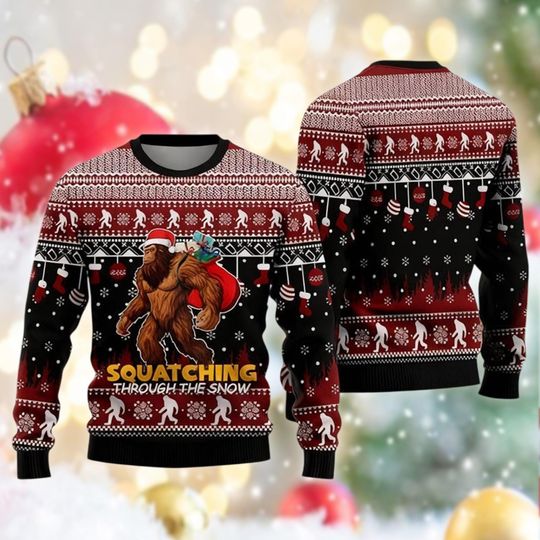 Squatching Through The Snow Sweater, Funny Bigfoot Santa Ugly Christmas Sweatshirt, Sasquatch Xmas Gift for Him