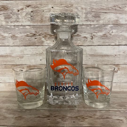 Discover Personalized Broncos Inspired Whiskey Gift/ Broncos Decanter Set/ Football Gifts for Him/ Whiskey Decanter/ Barware & Man Cave Gifts