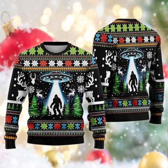 Discover Bigfoot UFO Abduction Ugly Christmas Sweater, Funny Sasquatch Xmas Sweatshirt, Alien Holiday Gift for Him, Crewneck Outfit