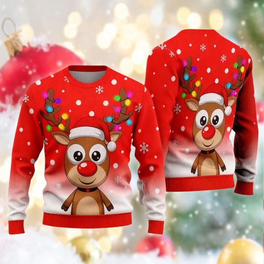 Rudolph Reindeer Ugly Christmas Sweater, Funny Red Nose Light Up Xmas Sweatshirt, Holiday Gift for Kids, Party Outfit