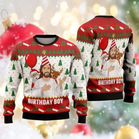 Birthday Boy Jesus Ugly Christmas Sweater, Funny Religious Xmas Crewneck, Humorous Holiday Party Gift, Christian Sweatshirt