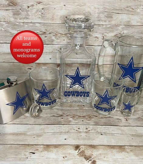 Discover Personalized Team Barware Starter Set, 6 pc Whiskey Set, Cowboys Gift for Man Cave, Whiskey Decanter Set, Football Gift, Pick Your Team