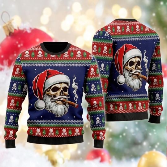 Bad Santa Skull Ugly Christmas Sweater, Funny Biker Style Xmas Sweatshirt, Edgy Holiday Party Gift, Skeleton Crewneck