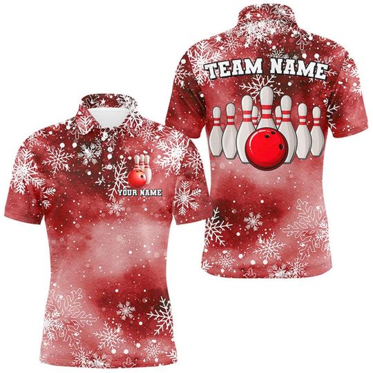 Custom Christmas Bowling Shirt With Name Team Logo Red Snowflake Winter Holiday Themed Jersey