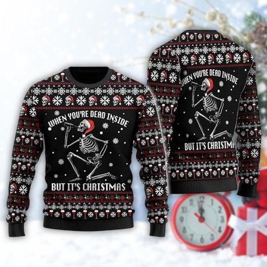 Discover Dead Inside But It's Christmas Sweater, Funny Skeleton Ugly Xmas Sweatshirt, Humorous Holiday Party Gift, Crewneck Outfit