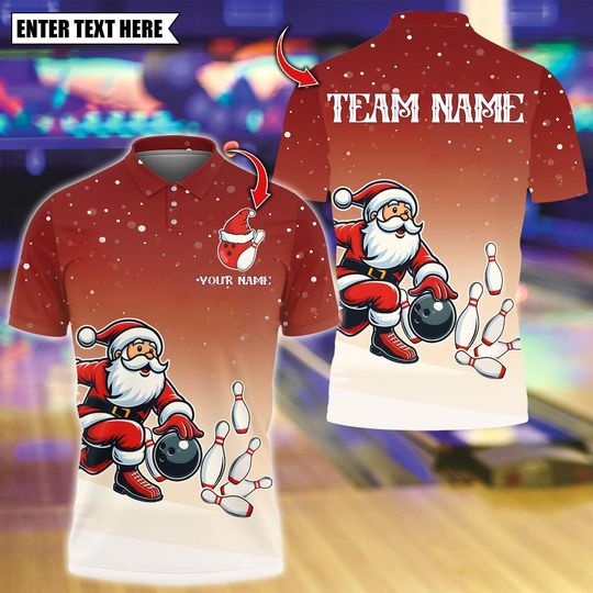 Discover Custom Bowling Polo Shirt, Christmas Santa Bowling Design, Personalized Bowling Polo for Men Women, Personalized Name Team 3D Shirt