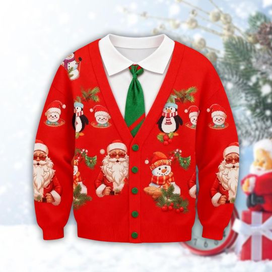 Discover Ugly Christmas Cardigan, Funny Santa Penguin Snowman Sweater, Custom Holiday Gift for Dad Mom, Xmas Party Outfit, Merry Christmas