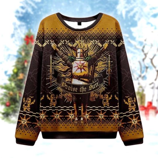 Praise the Sun Christmas Sweater, Funny Medieval Gamer Jumper, Geeky Knight Holiday Sweater, Unique Xmas Gift Idea