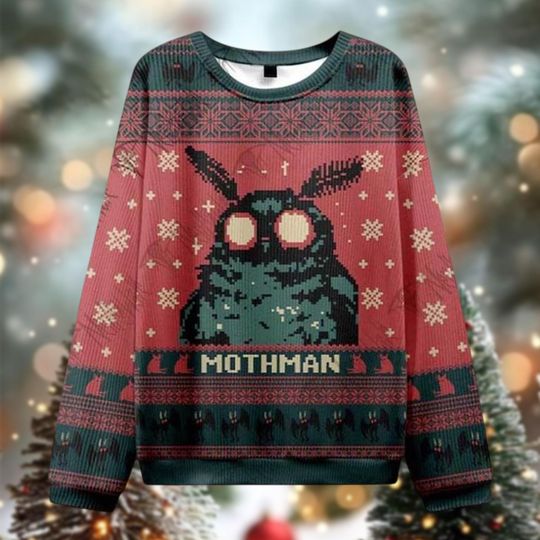 Funny Mothman Christmas Jumper, Cryptid Ugly Xmas Sweater, Weird Moth Monster Sweater, Creepy Holiday Gift for Fans
