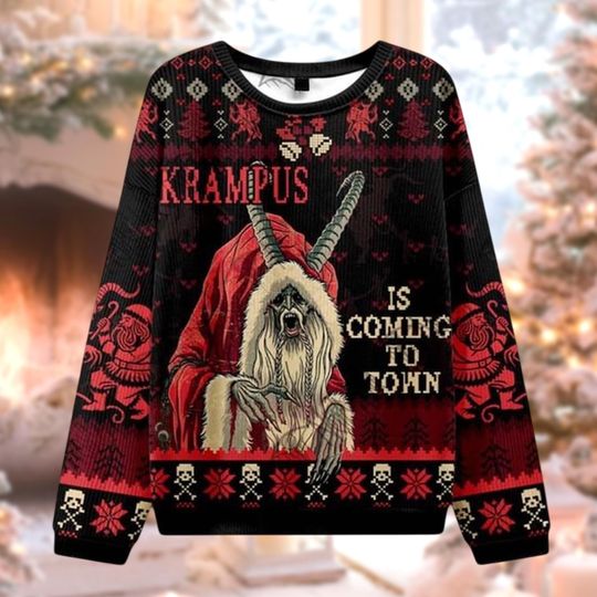 Discover Funny Krampus Xmas Sweater, Scary Gothic Holiday Sweatshirt, Horror Santa Christmas Jumper, Unique Creepy Gift Idea