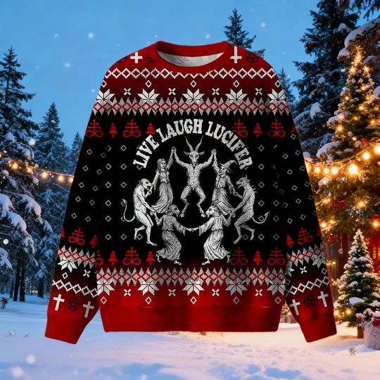Live Laugh Lucifer Ugly Christmas Sweater, Funny Baphomet Dance Jumper, Gothic Anti-Christmas Sweatshirt, Xmas Gift For Metalhead