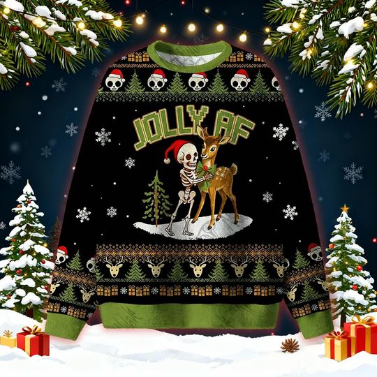 Discover Jolly AF Ugly Christmas Sweater, Funny Skeleton Reindeer Jumper, Gothic Holiday Sweatshirt, Xmas Gift For Emo Punk Fans