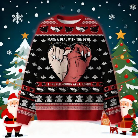 Discover Made A Deal With The Devil Ugly Christmas Sweater, Gothic Rockabilly Jumper, Hellhounds Are A Comin Sweatshirt, Xmas Gift