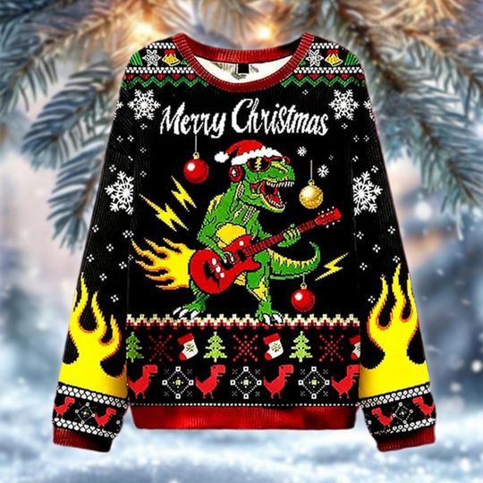 Discover Funny Dinosaur Christmas Sweater, Rocking T-Rex Ugly Xmas Sweatshirt, Merry Christmas Dino Holiday Gift for Men and Women