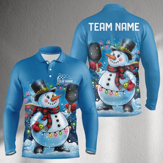 Discover Custom Snowman Bowling Team Long Sleeve Polo  Blue Christmas Lights Graphic, Personalized Name Front & Team Name Back, Unisex League Shirt