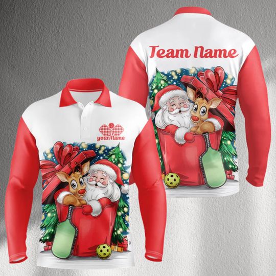Personalized Christmas Bowling Team Jersey Long Sleeve Polo, Santa and Reindeer Holiday Shirt, Custom Name Front, Team Name Back, Gift