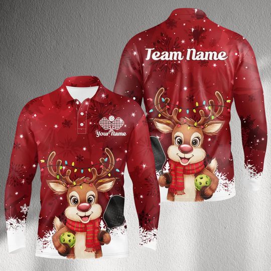 Personalized Christmas Bowling Jersey Long Sleeve Polo  Cute Reindeer Lights Design, Custom Team Name & Your Name, Holiday League Gift