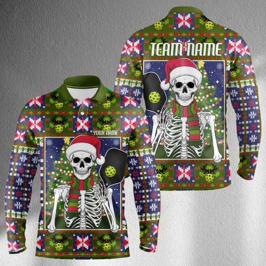 Custom Christmas Bowling Long Sleeve Polo Jersey  Ugly Sweater Skeleton Santa, Personalized Name Chest & Team Name Back, Unisex League Top