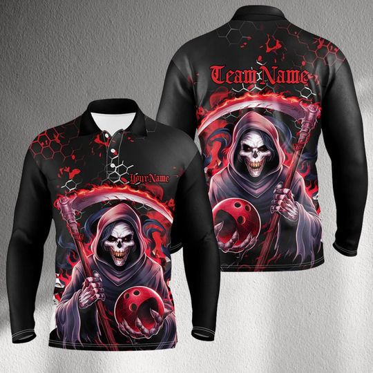 Custom Grim Reaper Bowling Jersey Long Sleeve Polo  Personalized Team Name & Player Name, Fiery Red Sublimated Graphic, Moisture Wicking