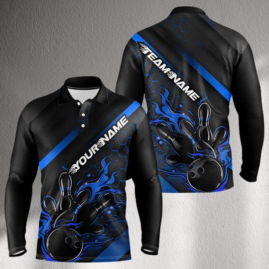Discover Custom Bowling Team Long Sleeve Polo Jersey  Black Blue Flames Ball & Pins Design, Personalized Name - Team Name, Unisex League Shirt