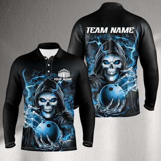 Custom Bowling Long Sleeve Polo Jersey  Grim Reaper Blue Lightning Artwork, Personalized Name on Chest & Big TEAM NAME on Back, Unisex