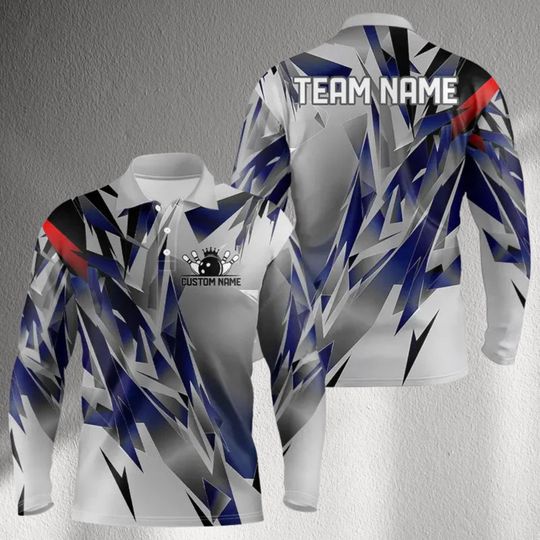 Custom Bowling Team Long Sleeve Polo Jersey  Personalized Name & Team on Back, Sublimated Abstract Graphic, Moisture Wicking Shirt