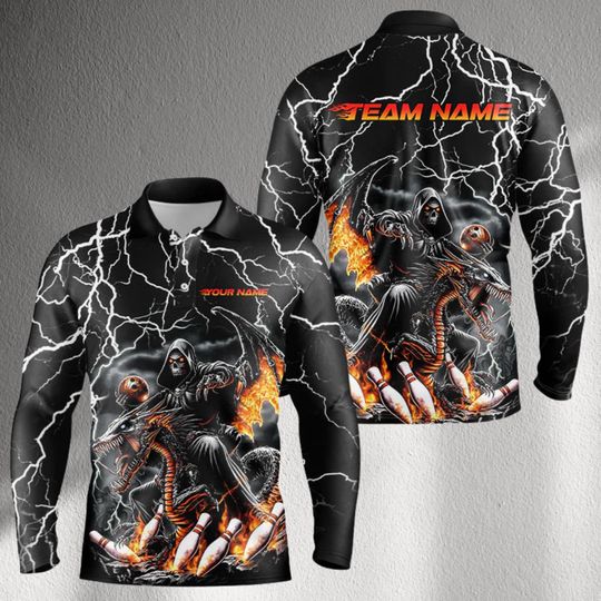 Personalized Bowling Team Jersey Long Sleeve Polo, Black Lightning Grim Reaper Dragon Design, Custom Name Front, Team Name Back Gift