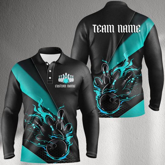 Personalized Bowling Team Jersey Long Sleeve Polo, Black Teal Flame Custom Name Shirt, Unisex Team Uniform, Team Name Back Gift for Bowlers