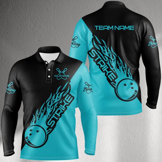 Custom Bowling Jersey Long Sleeve Polo  Teal Black Flaming Ball STRIKE Design, Personalized Team Name Back & Player Name Front, Unisex