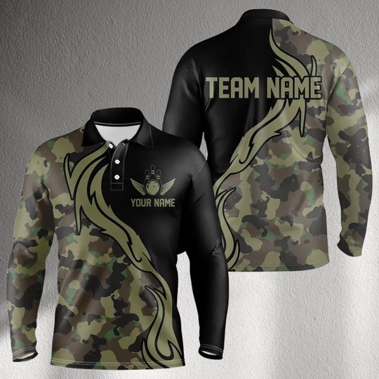 Custom Camo Bowling Team Jersey Long Sleeve Polo  Military Green Black Design, Personalized Name & Team, League Shirt, Sublimated Gift