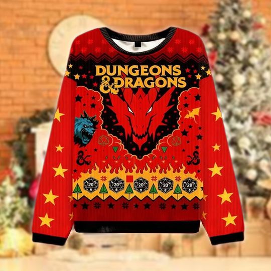 Discover Red Dragon Christmas Sweater, Fantasy Gamer Holiday Sweatshirt, Ugly Xmas Sweater for RPG Fans, Cool Gift for Dungeon Lovers