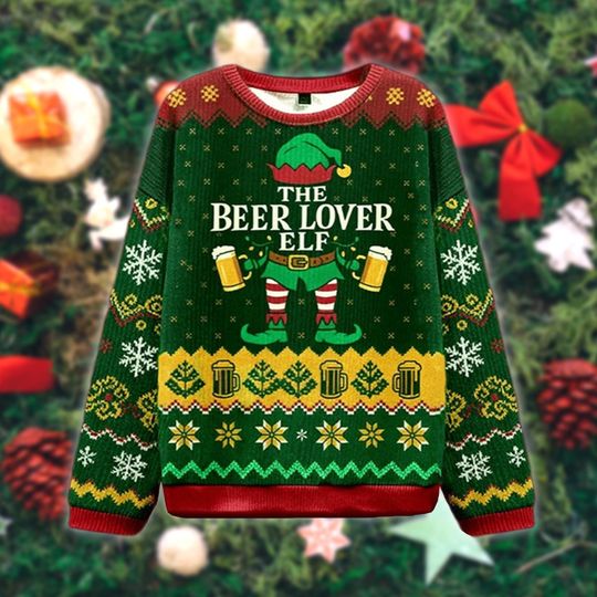 Discover The Beer Lover Elf Christmas Sweater, Funny Holiday Drinking Sweatshirt, Ugly Xmas Sweater for Men, Party Gift for Beer Fans
