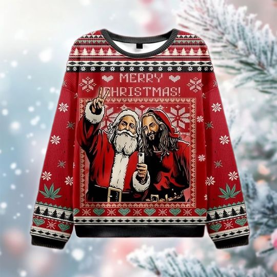 Discover Funny Merry Christmas Sweater, Santa and Friend Holiday Sweatshirt, Ugly Xmas Sweater for Party, Cool Gift for Christmas Lovers