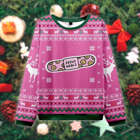 Pink Funny Christmas Sweater, Jesus Heals Bandage Holiday Sweatshirt, Cute Religious Xmas Sweater, Faith Gift for Christmas